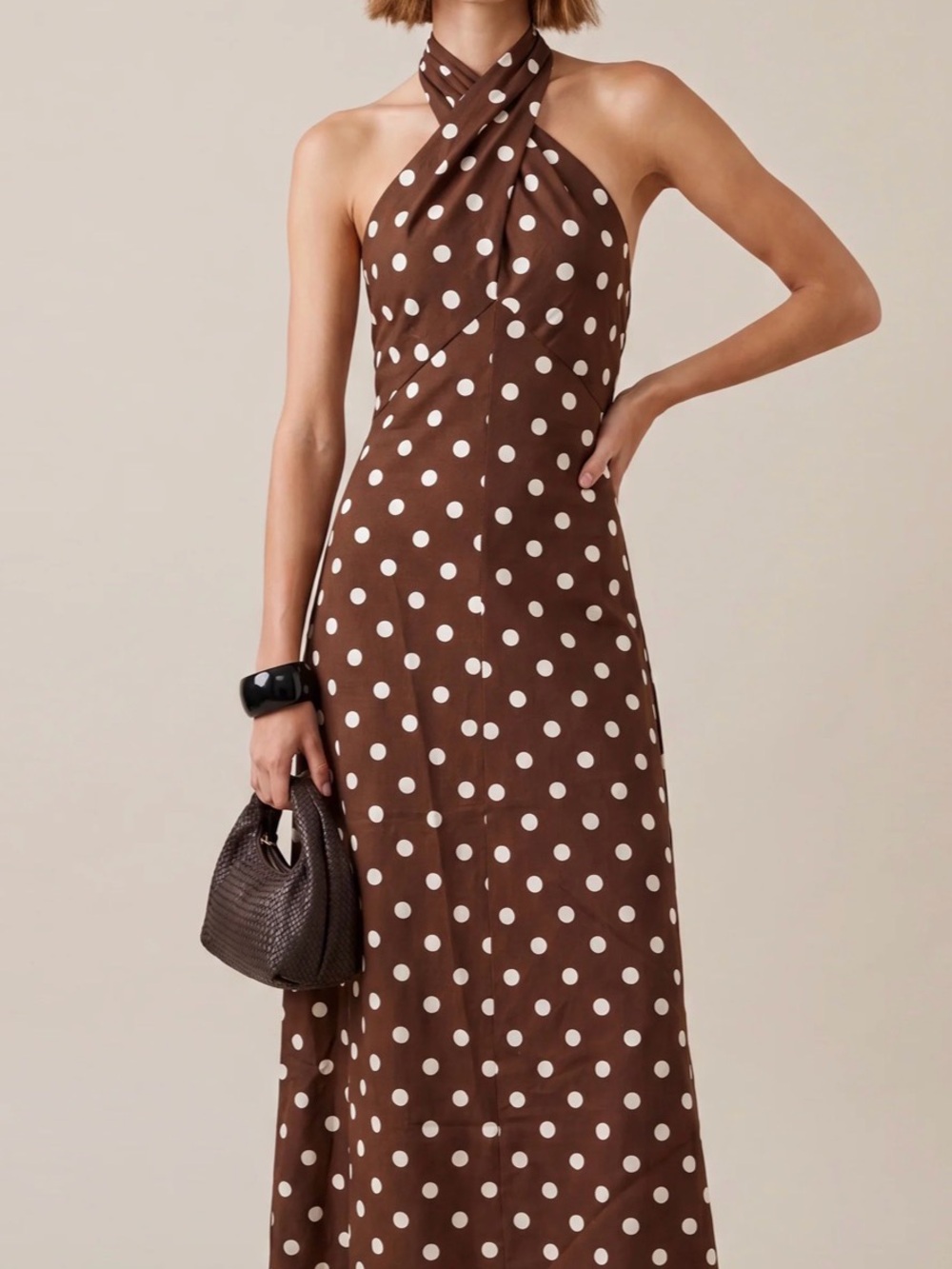 Polka Dot One-Shoulder Brown Maxi Dress